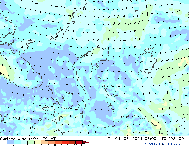 Vento 10 m (bft) ECMWF Ter 04.06.2024 06 UTC