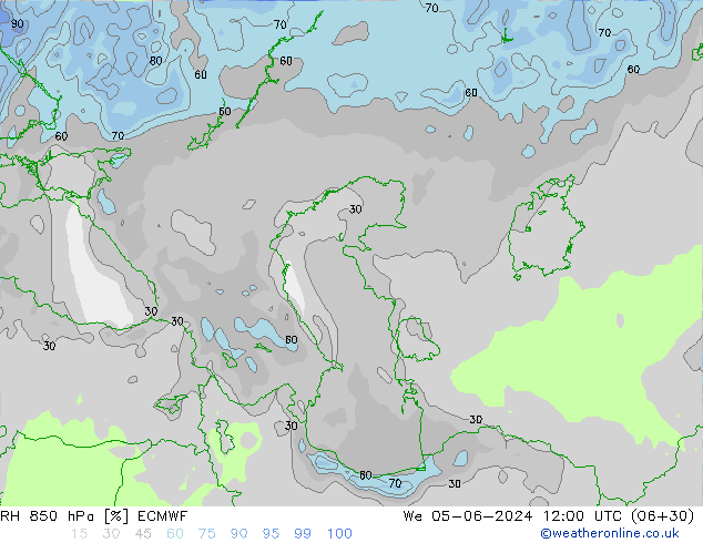 Humedad rel. 850hPa ECMWF mié 05.06.2024 12 UTC