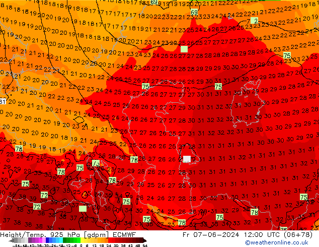 Geop./Temp. 925 hPa ECMWF vie 07.06.2024 12 UTC