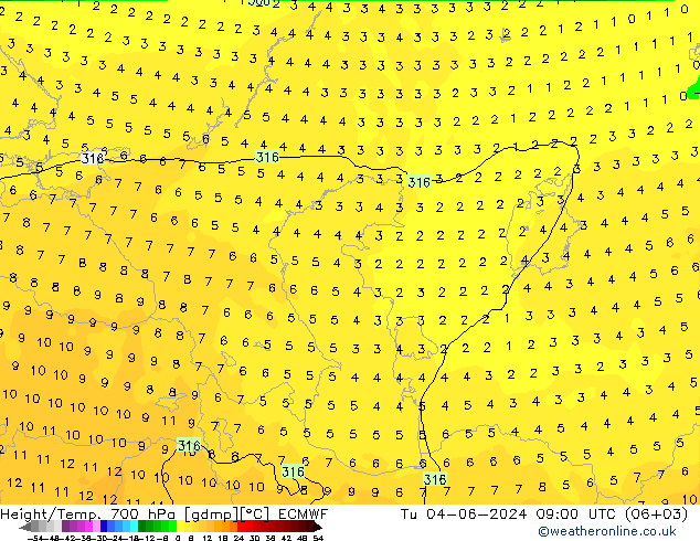 Height/Temp. 700 hPa ECMWF  04.06.2024 09 UTC