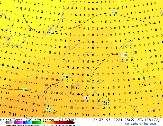 Height/Temp. 700 hPa ECMWF Fr 07.06.2024 06 UTC