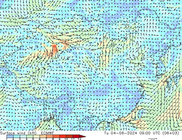 Wind 10 m (bft) ECMWF di 04.06.2024 09 UTC