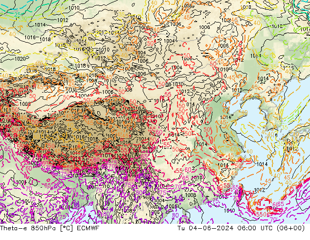 Theta-e 850hPa ECMWF Tu 04.06.2024 06 UTC