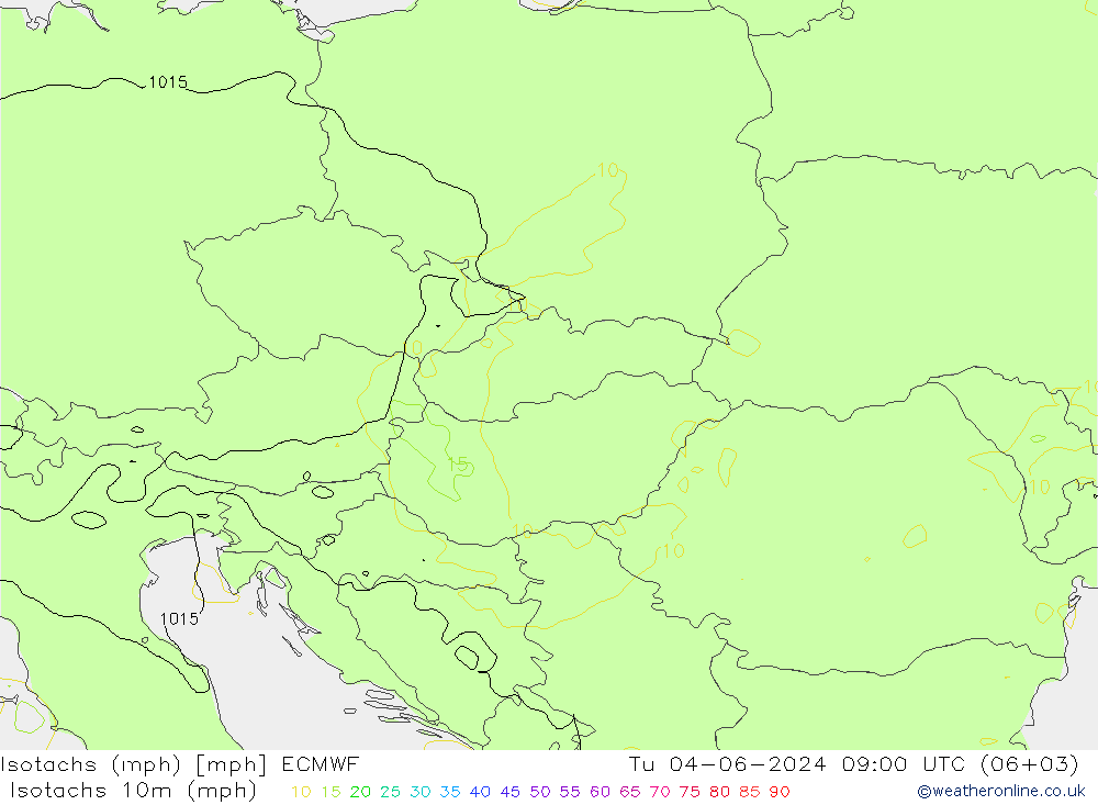 Izotacha (mph) ECMWF wto. 04.06.2024 09 UTC