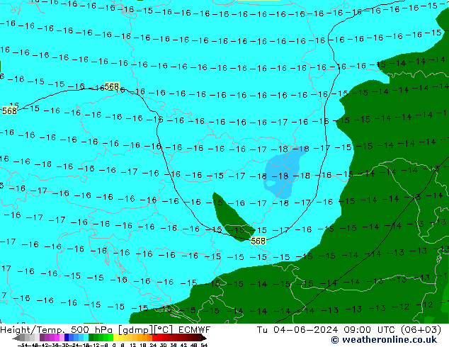 Height/Temp. 500 hPa ECMWF Út 04.06.2024 09 UTC