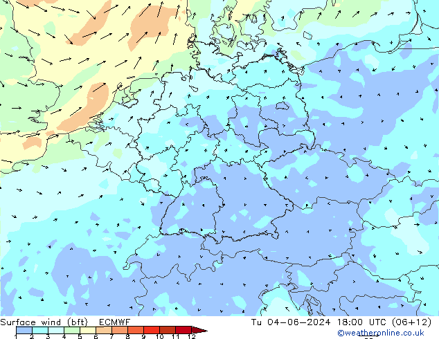 Surface wind (bft) ECMWF Tu 04.06.2024 18 UTC