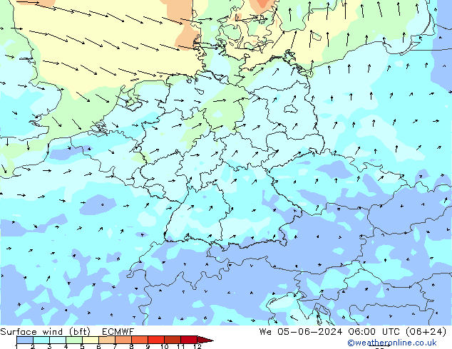 Surface wind (bft) ECMWF St 05.06.2024 06 UTC