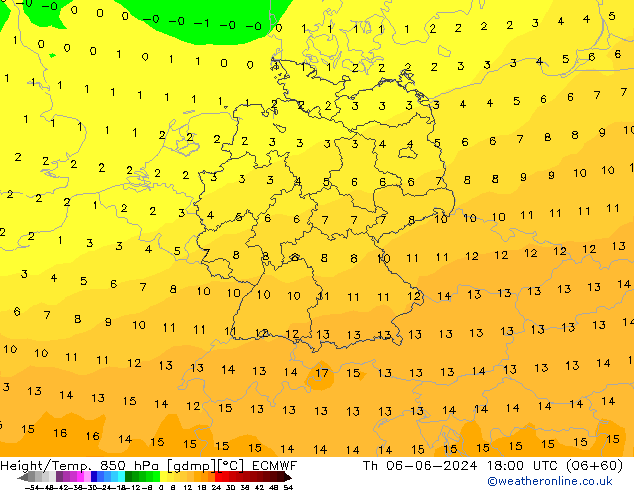 Hoogte/Temp. 850 hPa ECMWF do 06.06.2024 18 UTC