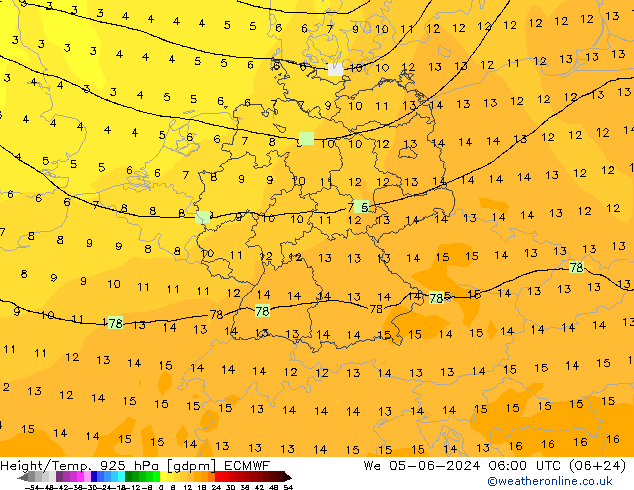 Height/Temp. 925 hPa ECMWF mer 05.06.2024 06 UTC