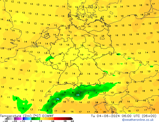 温度图 ECMWF 星期二 04.06.2024 06 UTC