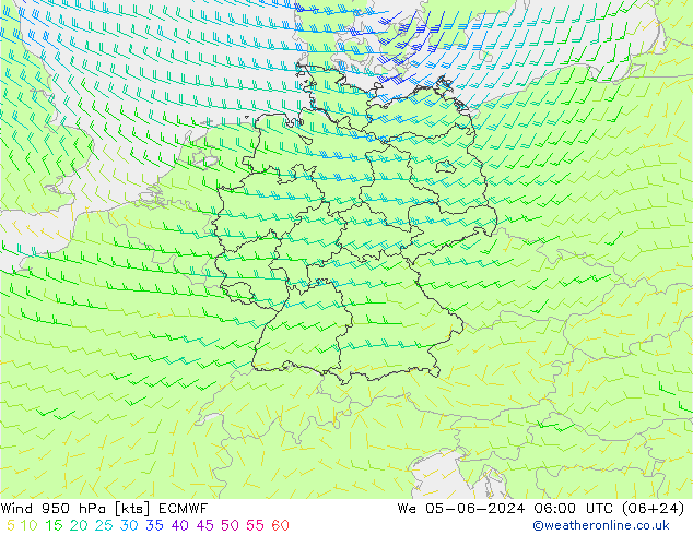 Wind 950 hPa ECMWF Mi 05.06.2024 06 UTC