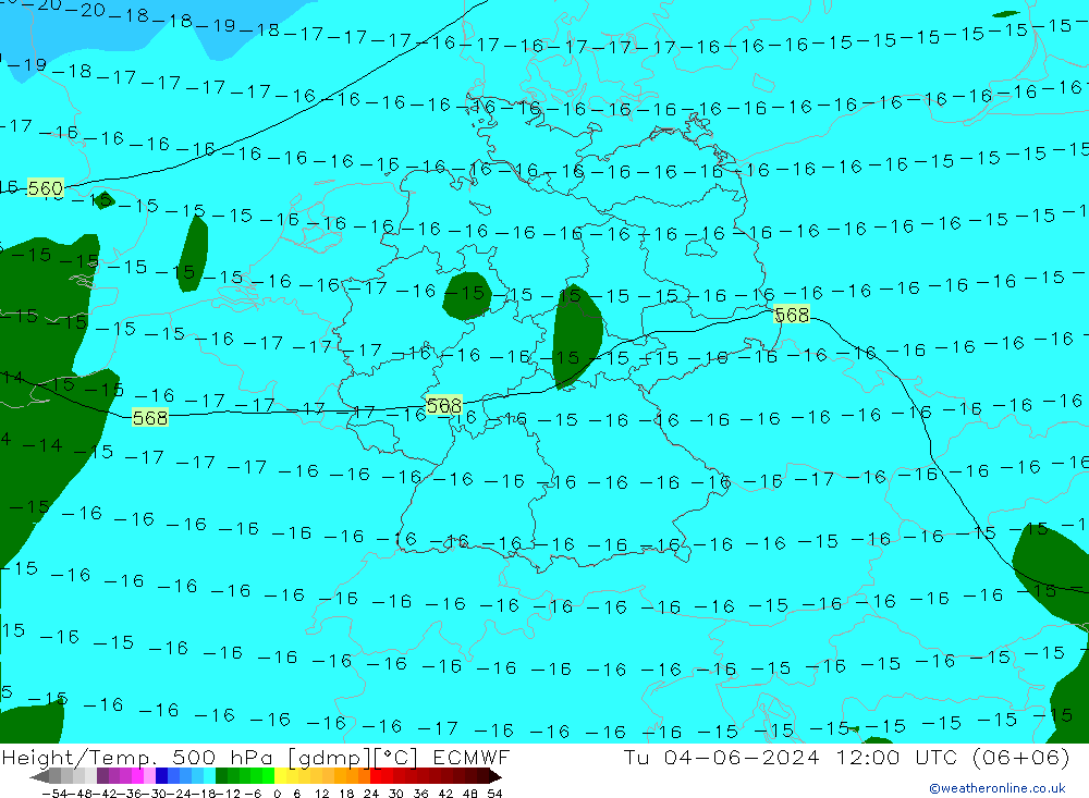 Height/Temp. 500 hPa ECMWF Tu 04.06.2024 12 UTC