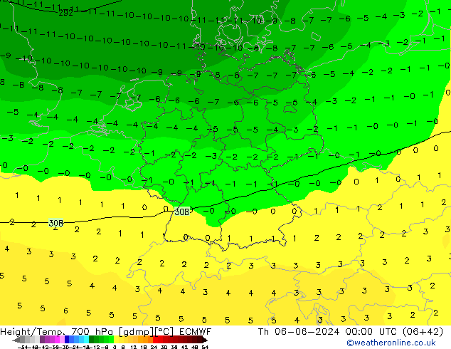 Height/Temp. 700 hPa ECMWF Th 06.06.2024 00 UTC