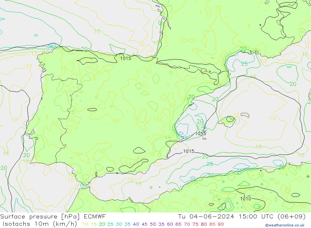 Isotachs (kph) ECMWF Tu 04.06.2024 15 UTC
