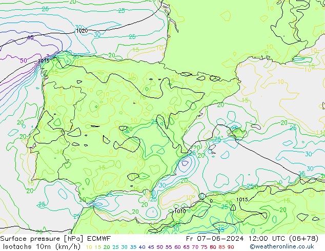 Isotachs (kph) ECMWF ven 07.06.2024 12 UTC