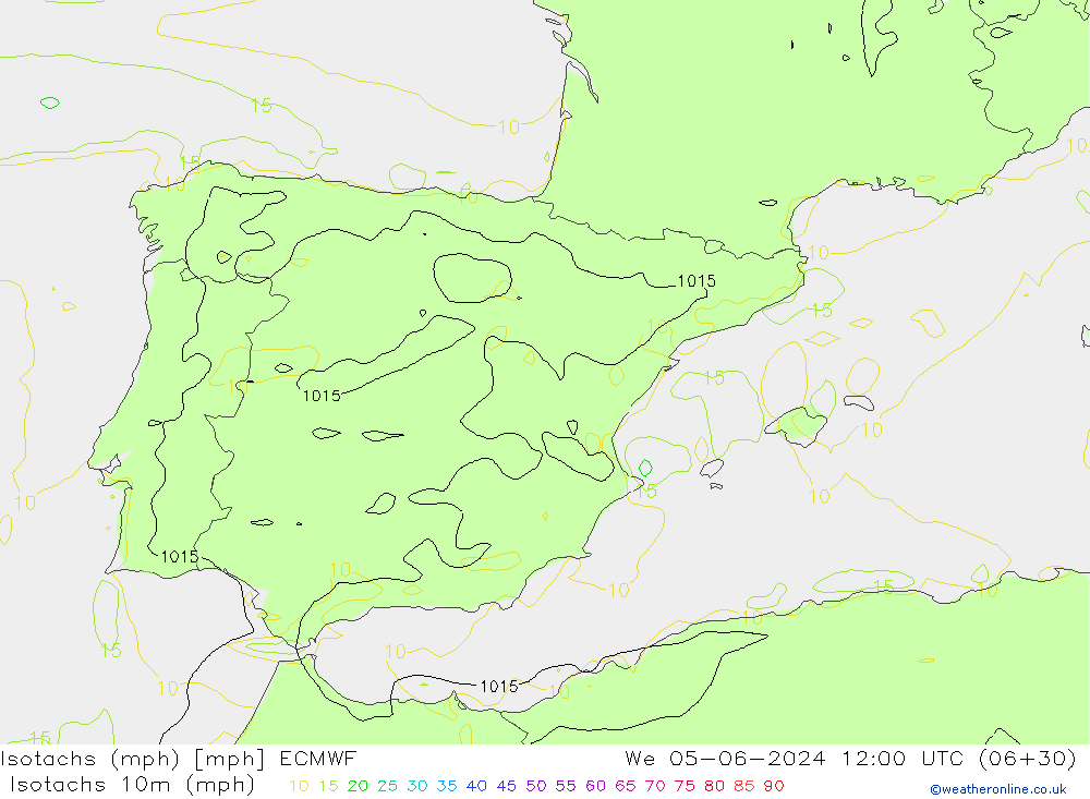 Isotachen (mph) ECMWF wo 05.06.2024 12 UTC