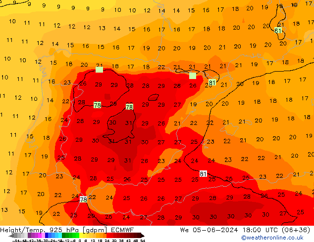 Height/Temp. 925 гПа ECMWF ср 05.06.2024 18 UTC