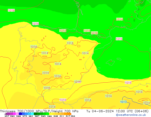 Schichtdicke 700-1000 hPa ECMWF Di 04.06.2024 12 UTC