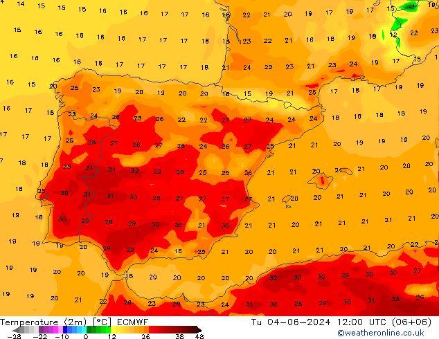 Sıcaklık Haritası (2m) ECMWF Sa 04.06.2024 12 UTC