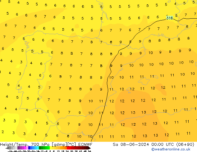 Height/Temp. 700 гПа ECMWF сб 08.06.2024 00 UTC