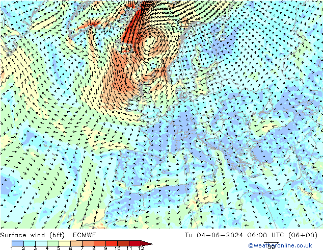 wiatr 10 m (bft) ECMWF wto. 04.06.2024 06 UTC