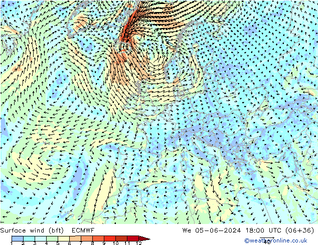 Wind 10 m (bft) ECMWF wo 05.06.2024 18 UTC