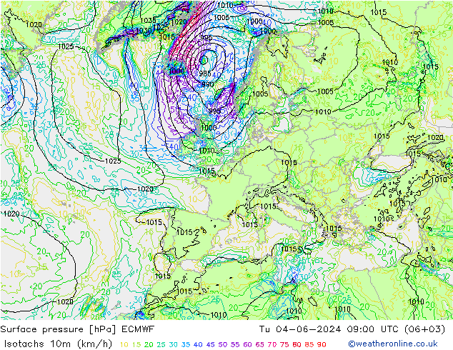 Isotachs (kph) ECMWF вт 04.06.2024 09 UTC