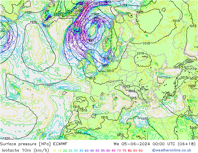 Isotachs (kph) ECMWF mer 05.06.2024 00 UTC