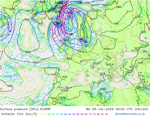 Isotachs (kph) ECMWF  05.06.2024 06 UTC