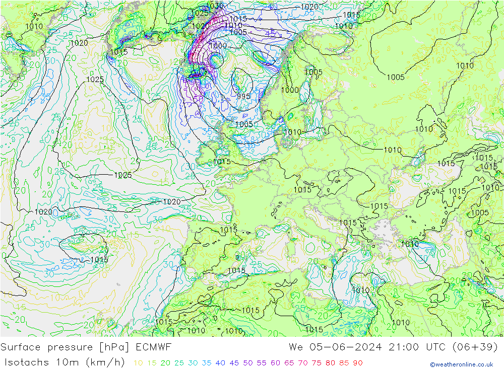 Isotaca (kph) ECMWF mié 05.06.2024 21 UTC