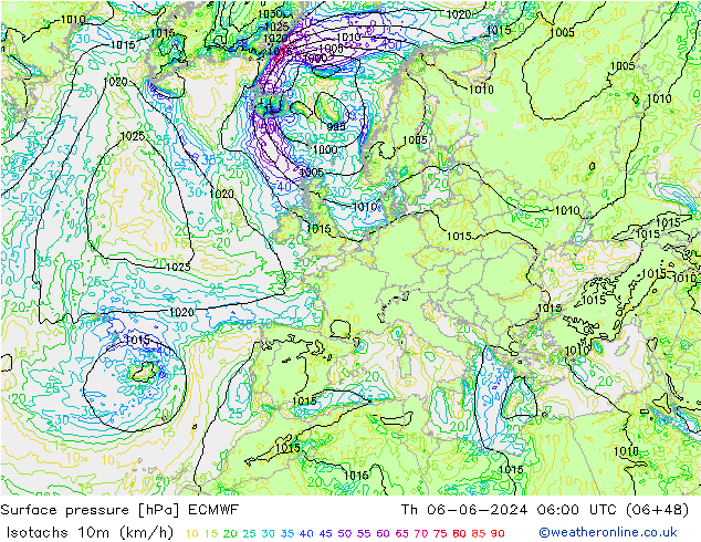 Isotachs (kph) ECMWF Th 06.06.2024 06 UTC