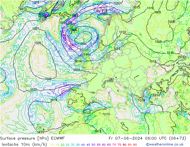 Isotachs (kph) ECMWF пт 07.06.2024 06 UTC