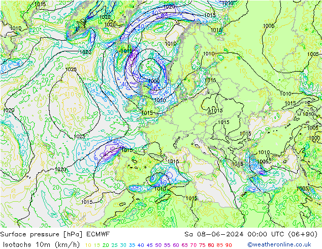 Eşrüzgar Hızları (km/sa) ECMWF Cts 08.06.2024 00 UTC