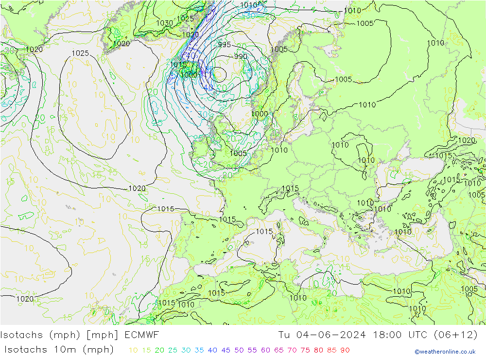 Isotachen (mph) ECMWF Di 04.06.2024 18 UTC