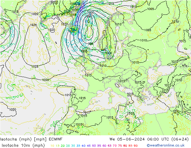 Eşrüzgar Hızları mph ECMWF Çar 05.06.2024 06 UTC