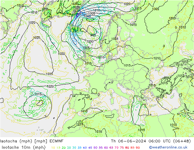 Isotachs (mph) ECMWF gio 06.06.2024 06 UTC