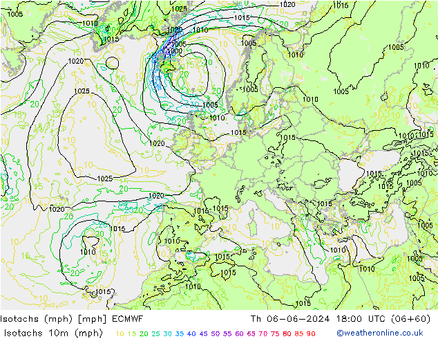 Isotachs (mph) ECMWF Qui 06.06.2024 18 UTC