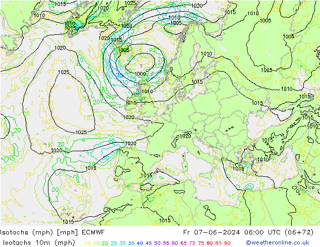 Isotachs (mph) ECMWF Pá 07.06.2024 06 UTC