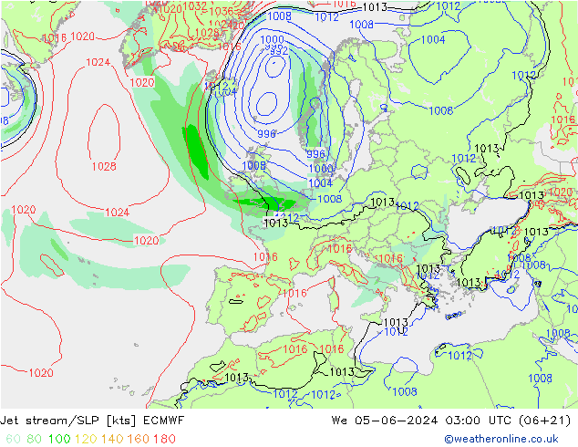 Straalstroom/SLP ECMWF wo 05.06.2024 03 UTC