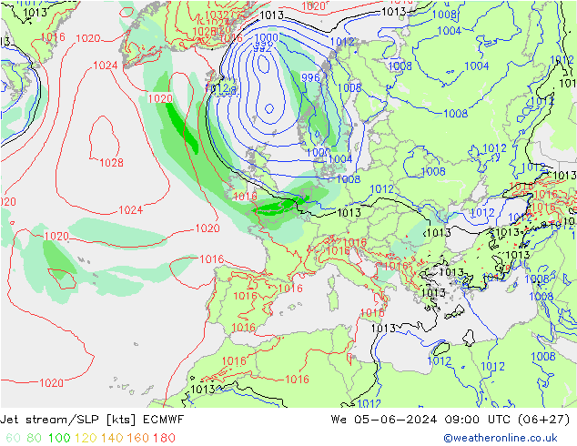 джет/приземное давление ECMWF ср 05.06.2024 09 UTC