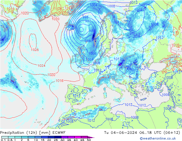 降水量 (12h) ECMWF 星期二 04.06.2024 18 UTC