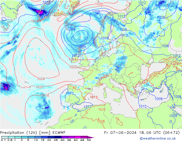 Precipitation (12h) ECMWF Pá 07.06.2024 06 UTC