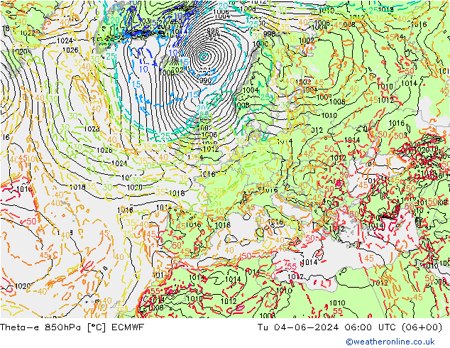 Theta-e 850hPa ECMWF di 04.06.2024 06 UTC