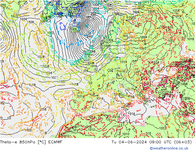 Theta-e 850hPa ECMWF Tu 04.06.2024 09 UTC