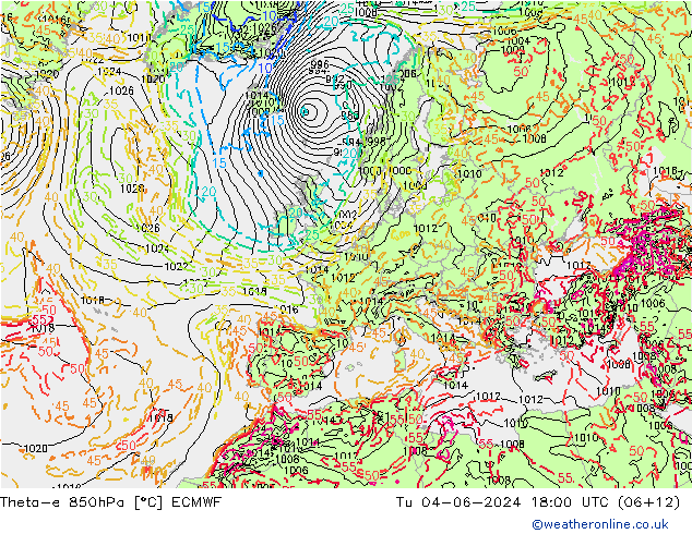 Theta-e 850hPa ECMWF Di 04.06.2024 18 UTC