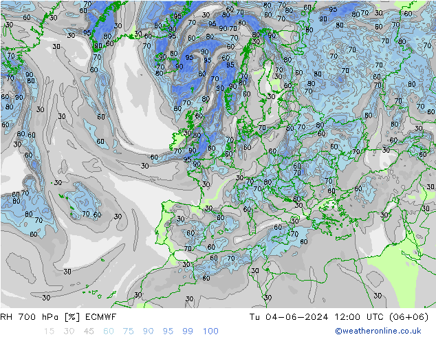 Humidité rel. 700 hPa ECMWF mar 04.06.2024 12 UTC