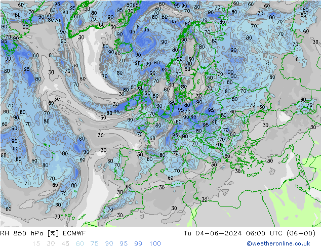 RH 850 hPa ECMWF 星期二 04.06.2024 06 UTC