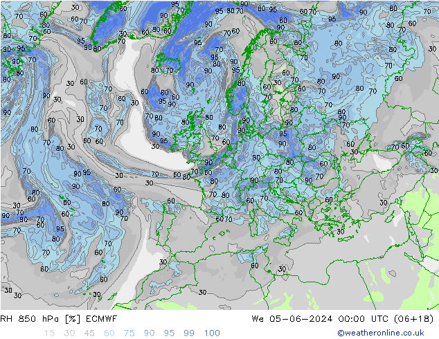 Humidité rel. 850 hPa ECMWF mer 05.06.2024 00 UTC