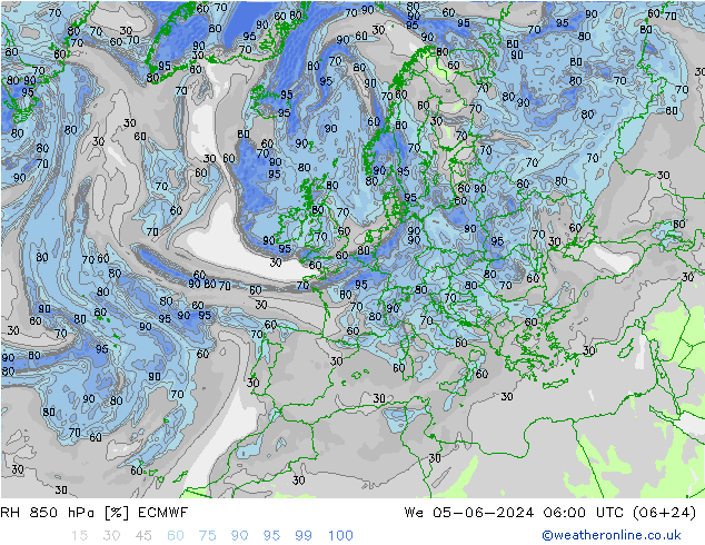 Humidité rel. 850 hPa ECMWF mer 05.06.2024 06 UTC