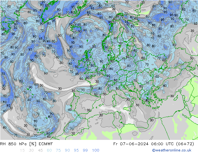 RH 850 hPa ECMWF ven 07.06.2024 06 UTC